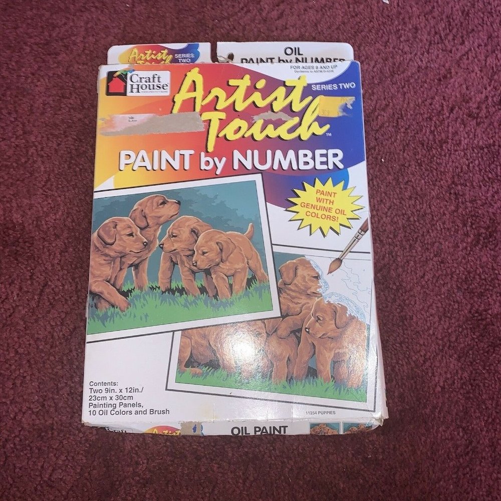 Vintage Artist Touch Oil Paint By Number Puppies #11254 Craft House 2 9x12